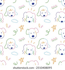 Cute dogs face animal hand drawn doodle with colorful line seamless pattern background for wrapping and wallpaper