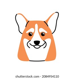 Perros adorables enfrentan avatar. Adorable retrato en la cabeza de un perro. Hocico picante de la raza Corgi. Hermosa y divertida boquilla. Canino de Purebred. Ilustración vectorial plana de mascota aislada en fondo blanco