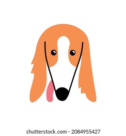 Cute dogs face avatar. Doggy head portrait. Borzoi puppy snout. Adorable pups muzzle with tongue out. Russian wolfhound. Flat vector illustration of lovely pet isolated on white background