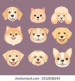 cute dogs face in different breeds. Boston Terrier, Boxer, Poodle, Bulldog, Golden Retriever, Labrador Retriever, Beagle, Pomeranian dog breeds faces.