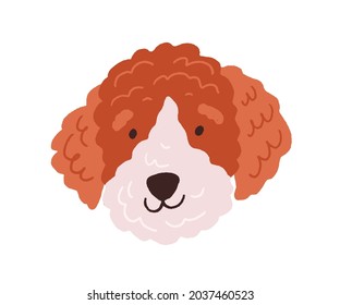 Cute dog's face. Funny head of puppy with curly fluffy hair. Canine animal's muzzle. Adorable doggy portrait. Amusing labradoodle in doodle style. Flat vector illustration isolated on white background svg