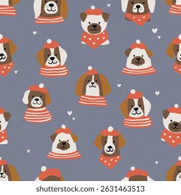 Cute dogs faces hand drawn patternn. Seamless vector background