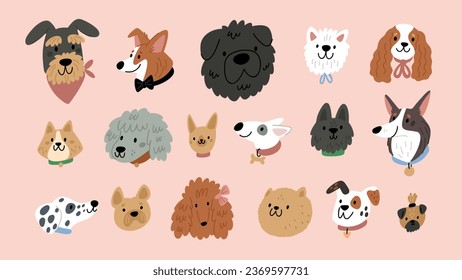 Perros pequeños se enfrentan a una ilustración al estilo de las caricaturas. Graciosos cachorros con retratos en la cabeza de diferentes razas de perros. Las mascotas de perro feliz enfrentan los avatares. Vector gráfico plano 