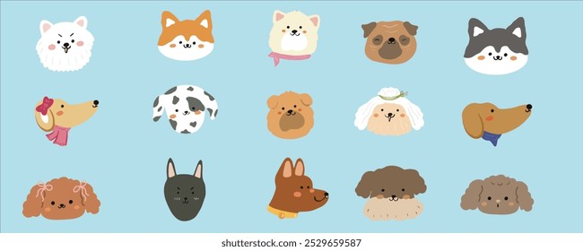 Cute dogs faces illustration set in cartoon style. Funny puppies head portraits of different doggy breeds. Happy dog pattern pets face avatars. Flat graphic vector