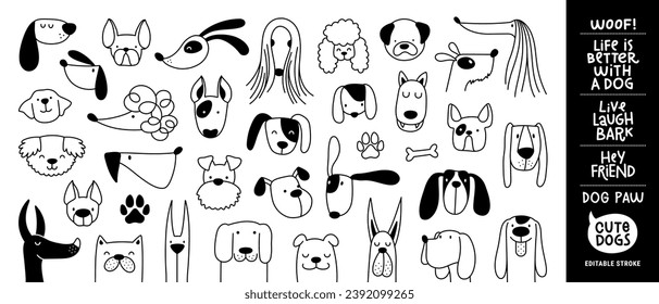 cute dogs faces line art set