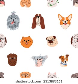 Cute dogs faces, muzzles pattern. Seamless background, repeating canine print with different doggy breeds. Endless texture design, amusing funny puppies heads, snouts. Colored flat vector illustration