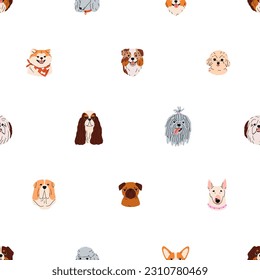 Cute dogs faces, seamless pattern. Funny puppies heads, endless background. Canine repeating print, adorable animals breeds, doggies muzzles, pups snouts. Flat vector illustration for fabric, wrapping