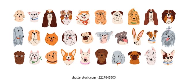 Cute dogs faces set. Canine head portraits of different doggy breeds. Funny puppies muzzles. Happy pups avatars of bulldog, poodle, pug. Flat graphic vector illustrations isolated on white background - Shutterstock ID 2217845503