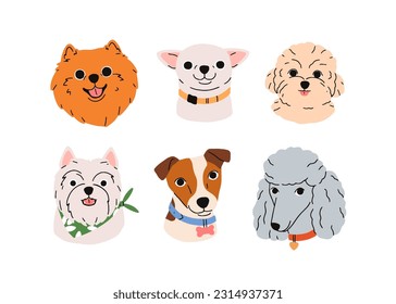 Cute dogs faces set. Funny puppies head portraits, avatars. Adorable doggies snouts of different canine breeds, Jack Russell, spitz. Flat graphic vector illustrations isolated on white background