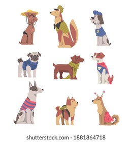 Cute Dogs in Festive Costumes Set, Funny Pets Animals Characters Dressed in Costume for Masquerade, Carnival, Party, Holiday Celebration Cartoon Style Vector Illustration