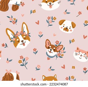 Cute dogs, flowers and heart seamless pattern. Breeds of dog pattern design in hand-drawn style.
Vector animal print on pink background for happy Valentines day.