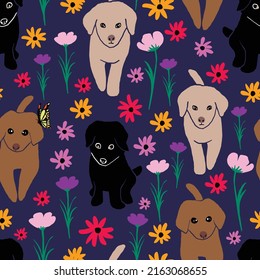 Cute dogs and flowers seamless pattern design background