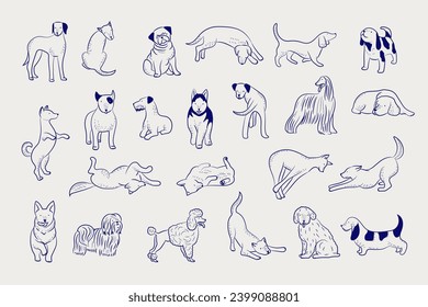 Perros. Perros de doodle divertidos ilustraciones animales domésticos reciente vector lineal dibujado a mano