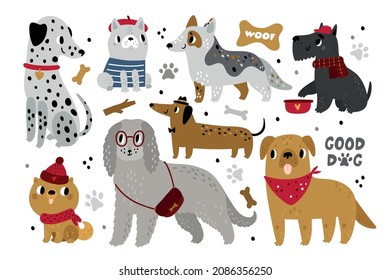 Cute Dogs. Funny Kids Domestic Animals. Happy Pets Characters. Different Canine Breeds. Dalmatian And Bulldog. Isolated Corgi And Dachshund With Accessories. Vector