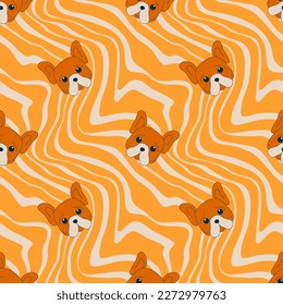 Cute dogs groovy muzzle seamless pattern. Doodle funny puppy faces. Dog heads. 970 retro hippie wavy lines background. Vintage distorted lines. 90s, 00s nostalgia. Vector illustration.
