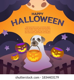 Cute dogs in Halloween costume. Happy Halloween Vector illustration on empty orange background