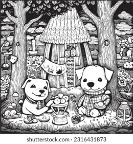 cute Dogs having a picnic in a whimsical, enchanted garden coloring page for kids , Black and white coloring pages for kids, simple lines, vector