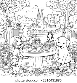 cute Dogs having a picnic in a whimsical, enchanted garden coloring page for kids , Black and white coloring pages for kids, simple lines, vector