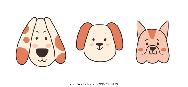 Cute dogs heads collection. Set of cartoon animal muzzles or heads. Spotted dogs facies. Vector illustration for breeder, pet shop products decoration