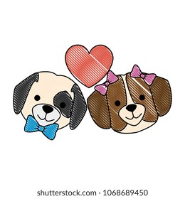 cute dogs heads couple lovers with hearts characters