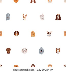 Cute dogs heads, seamless pattern. Endless canine background, puppies of different breeds. Repeating doggy muzzles print, printable design for textile, wrapping, wallpaper. Flat vector illustration