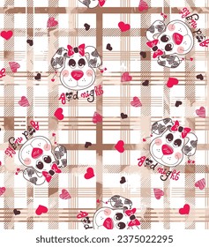 Cute dogs and hearts watercolor effect Grunge plaid pattern