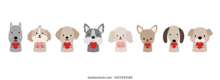 Cute Dogs Holding Hearts Vector Set. Front View Adorable Dogs Hugging Hearts.