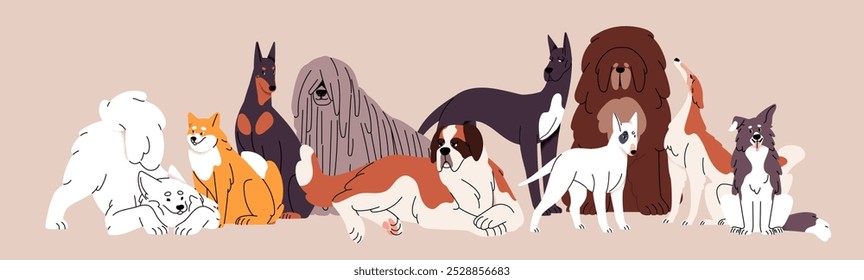 Cute dogs horizontal banner. Funny puppies of borzoi, akita inu, dobermann, border collie, samoyed. Happy purebred doggies. Group portrait of different canine breeds. Flat vector illustration