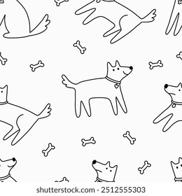 Cute Dogs illustration in doodle style. Outline hand drawn print. Pet, animals seamless pattern