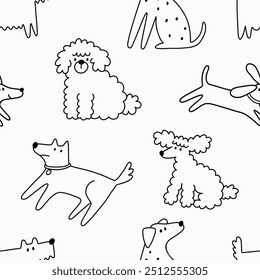 Cute Dogs illustration in doodle style. Outline hand drawn print. Pet, animals seamless pattern