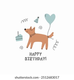 Cute Dogs illustration in doodle style. Outline hand drawn print. Pet, animals Birthday party. Card in flat style