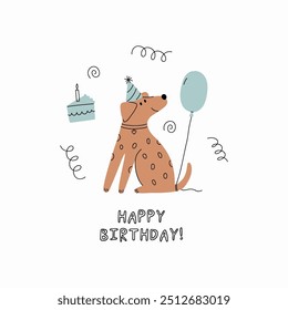 Cute Dogs illustration in doodle style. Outline hand drawn print. Pet, animals Birthday party. Card in flat style