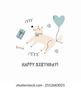 Cute Dogs illustration in doodle style. Outline hand drawn print. Pet, animals Birthday party. Card in flat style