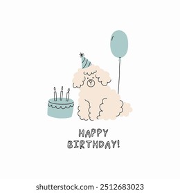 Cute Dogs illustration in doodle style. Outline hand drawn print. Pet, animals Birthday party. Card in flat style