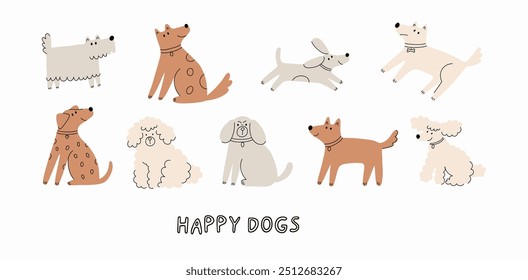 Cute Dogs illustration in doodle style. Outline hand drawn print. Pet, animals 