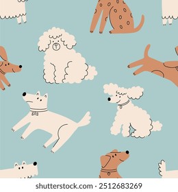 Ilustración de perros lindos en estilo doodle. Esquema de impresión dibujada a mano. Mascotas, animales sin patrón