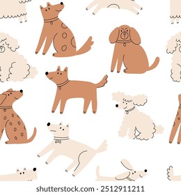 Cute Dogs illustration in doodle style. Outline hand drawn print. Pet, animals seamless pattern