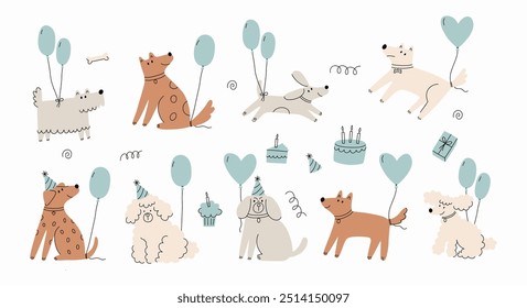 Ilustración de perros lindos en estilo doodle. Esquema de impresión dibujada a mano. Animales de compañía, fiesta de cumpleaños. Tarjeta en estilo plano