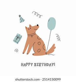 Cute Dogs illustration in doodle style. Outline hand drawn print. Pet, animals Birthday party. Card in flat style