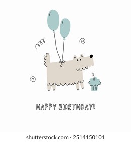 Cute Dogs illustration in doodle style. Outline hand drawn print. Pet, animals Birthday party. Card in flat style