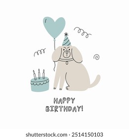 Cute Dogs illustration in doodle style. Outline hand drawn print. Pet, animals Birthday party. Card in flat style