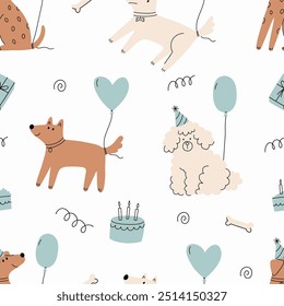 Cute Dogs illustration in doodle style. Outline hand drawn print. Pet, animals Birthday party. Seamless Pattern