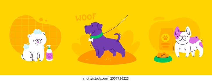 Cute dogs illustration set. Cartoon vector small dogs set. Dog care illustrations.