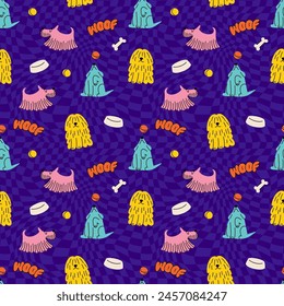 Cute Dogs Illustration in Y2k Style. Vector Seamless Pattern with Flat Cartoon Puppies