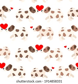 Cute dogs Jack Russell Terrier. Fanny animals with hearts. Vector hand drawn seamless pattern. Perfect for baby, kids apparel, print design, textile.