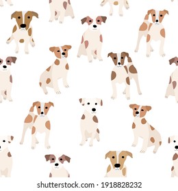 Cute dogs Jack Russell Terrier. Fanny animals . Vector hand drawn seamless pattern. Perfect for baby, kids apparel, print design, textile. White background.