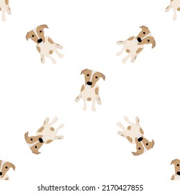 Cute dogs Jack Russell Terrier. Fanny animals . Vector hand drawn seamless pattern. Perfect for baby, kids apparel, print design, textile. White background.