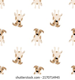 Cute dogs Jack Russell Terrier. Fanny animals . Vector hand drawn seamless pattern. Perfect for baby, kids apparel, print design, textile. White background.
