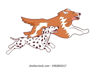 Cute Dogs Jumping To Catch A Flying Disc. Dalmatian And Collie Healthy And Sporty Doggy Is Playing Frisbee Isolated On White Background. Flat Art Vector Illustration