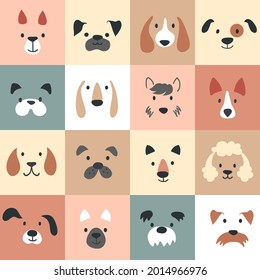 Cute dogs for kids and baby, animals nursery poster for greeting cards, childish seamless pattern. Hand drawn Scandinavian style, vector illustration.